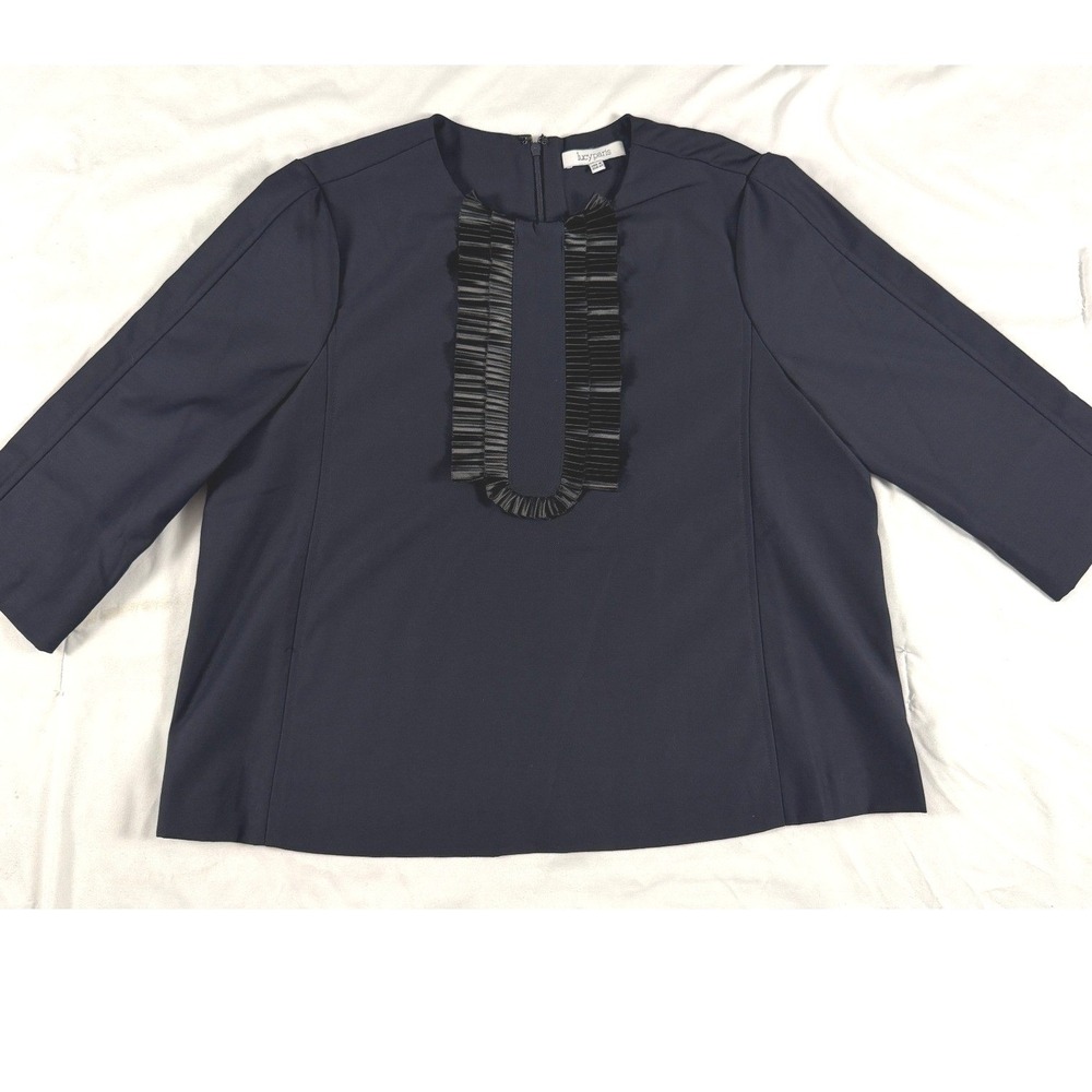 Lucy Paris Navy Blue Pleated Ruffle Bib Blouse 3/4 Sleeve Medium Minimalist Chic